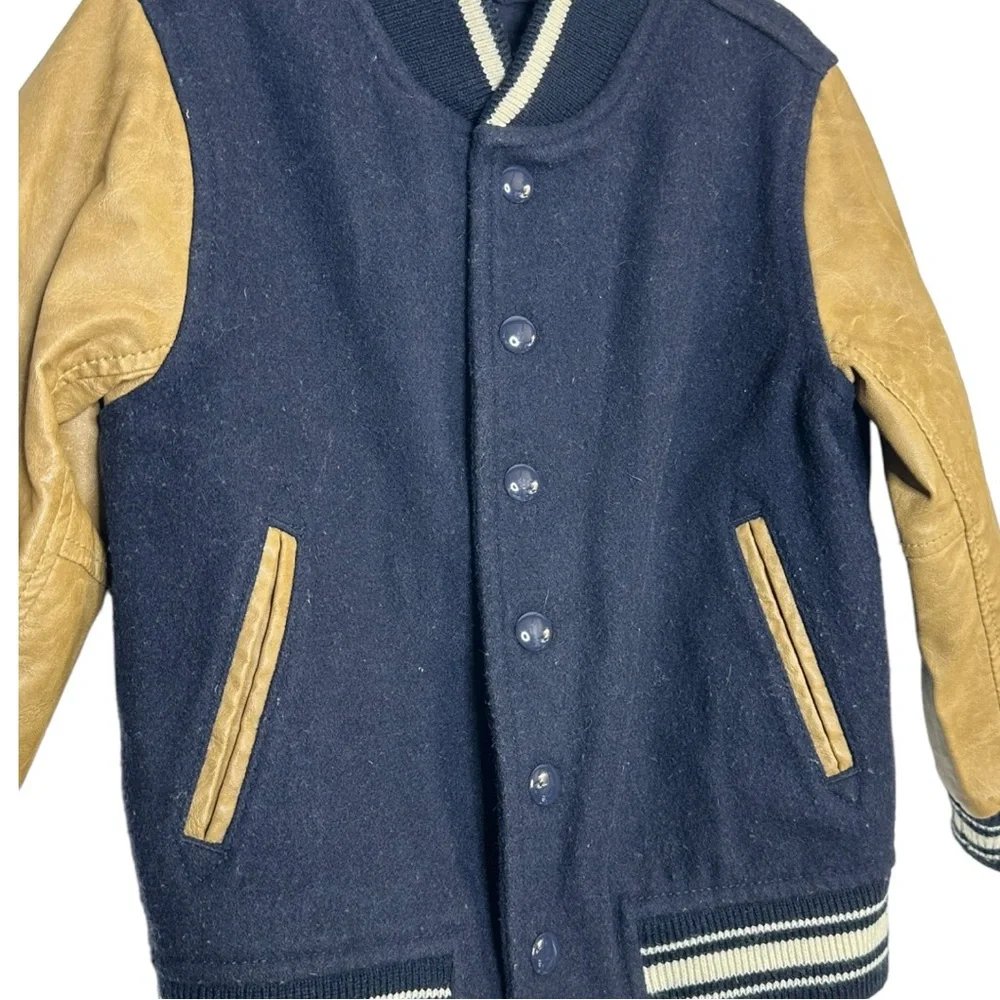 Gap Navy Blue Tan Varsity‎ Jacket Wool Buttoned Size 4 Years